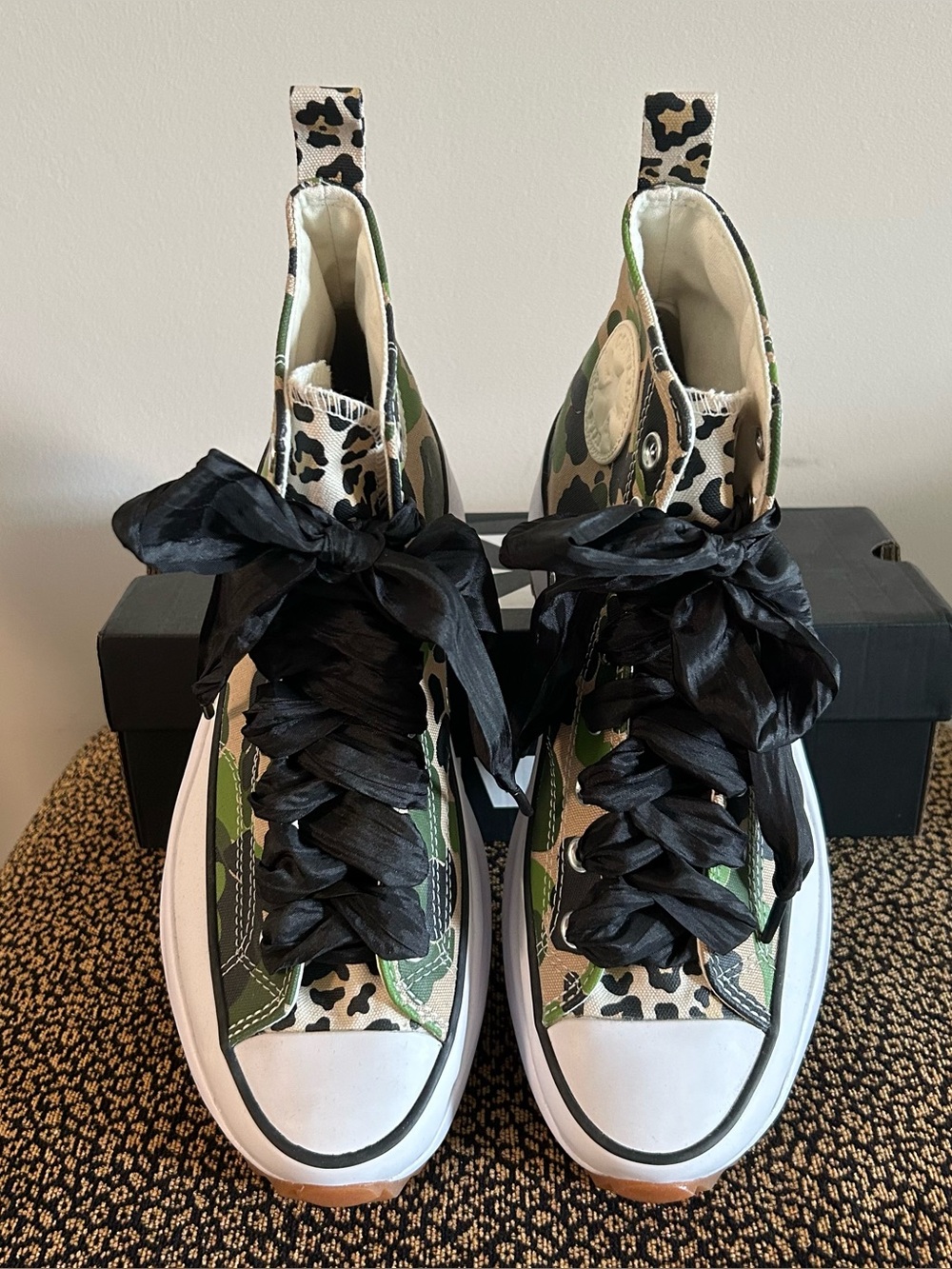 NEW Converse Run Star Hike in Green Camo w Leopard Trim & Bonus Ribbon Laces